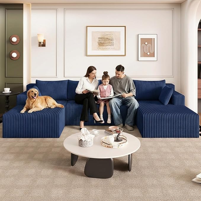 123 Cloud Modular Sectional Couch U-Shaped with Two Chaise Corduroy Boneless Couch for Living Room Bedroom Deep-Seat Upholstered Modular Cloud Sofa No Assembly Required Navy Blue