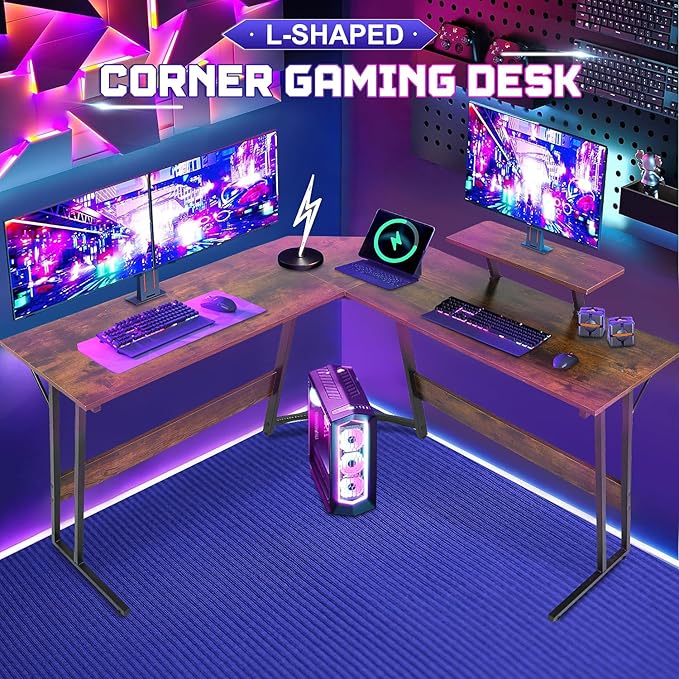NChanmar L Shaped Gaming Desk with Monitor Riser Stand Home Office Corner Desk for Studying Working and Gaming Large Desktop Brown