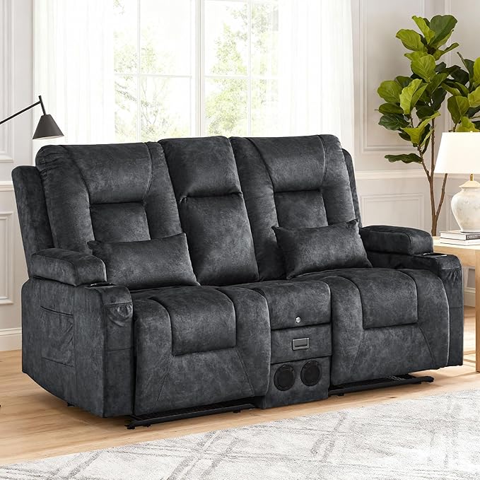 Houjud Manual Reclining Loveseat Sofa with Console Recliner Sofa RV Couch with Bluetooth Speakers USB Charging AC Outlets and Pillow for Home Theater Velvet Gray