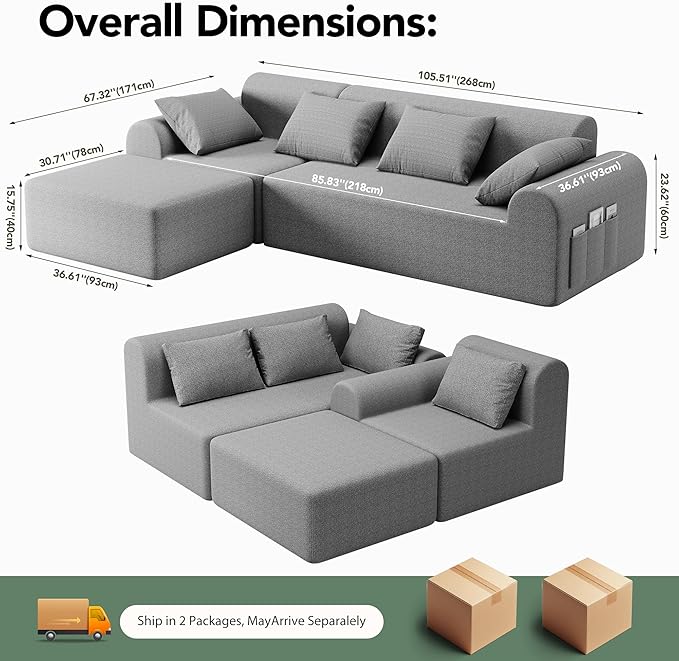 2026 New 105.5”Cloud Boneless Sectional Sofa for Living Room L-Shaped 4-Seater Modular Couch with Ottoman 4 Pillows Deep Seat Chenille Fabric Sofa No Assembly 72H Full Restore Light Grey