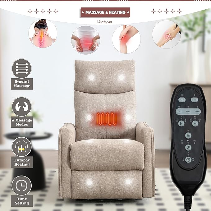 Rocking Recliner Chair with Heat and Massage 360° Swivel Glider Rocker with Reclining Backrest and Footrest Modern Nursery Rocking Chairs for Adults for Bedroom Living Room Office (Khaki)