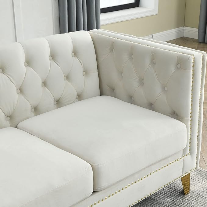 KEIKI 82.2 Velvet Corner Sofa Tufted 5 Seat Couch L-Shaped Sectional Couch for Living Room Buttons Tufted Square Arm Couch for Home Apartment Beige