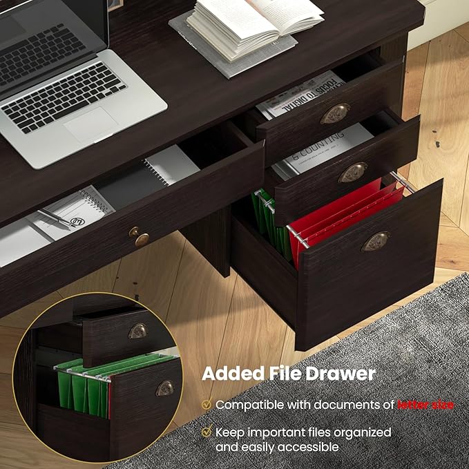 GLACER 48 Computer Desk with 4 Storage Drawers &amp Hutch Home Office Desk with Cable Hole for PC Laptop Wooden Writing Workstation Gaming Desk for Office Study Bedroom Small Spaces (Black)