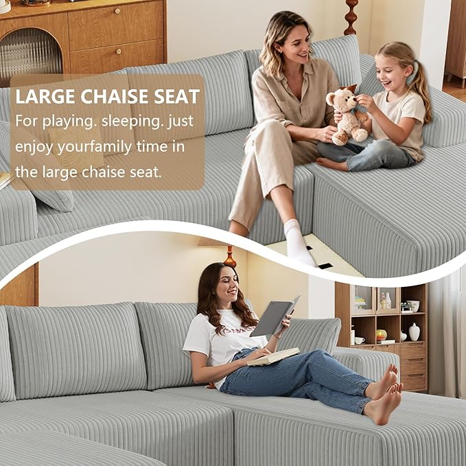 96 U-Shape Cloud Couch Modern Modular Sectional L-Shape Sofa with Ottoman Corduroy Upholstered Couches Deep Seat Chaise Longue for Living Room No Assembly Required(Light Gray Right Facing)