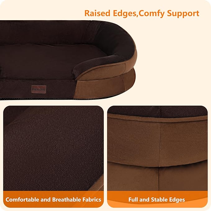 Dwanton Orthopedic Dog Bed for Large Dogs with Gel Memory Foam Waterproof Dog Sofa Washable Pet Bed with Four Sided Bolster Cushion Removable Cover &amp Non-Slip Bottom 42 Brown