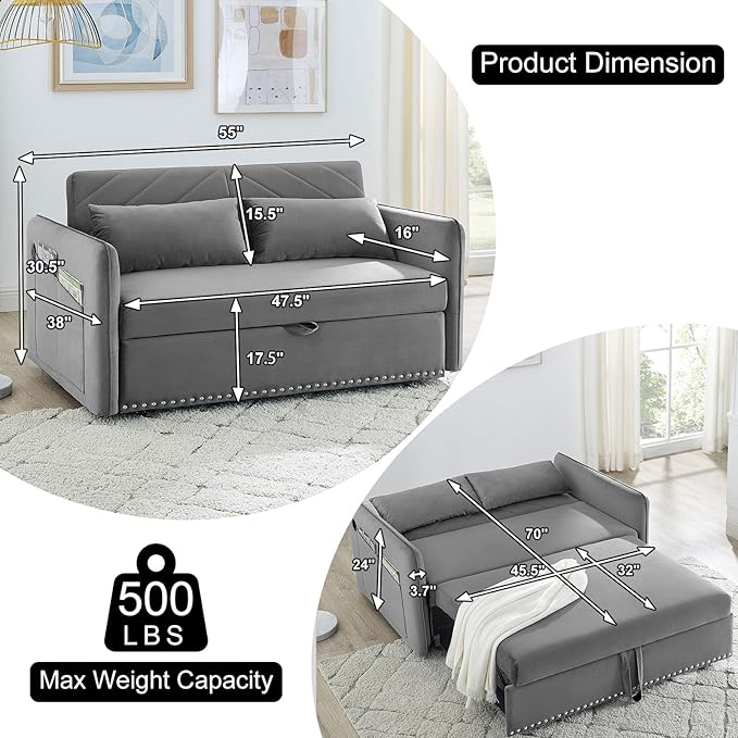 3 in 1 Convertible Sleeper Futon Sofa Bed 55 Velvet Small Loveseat Lounge Couches with 2 Pillows Reclining Backrest USB Ports &amp Side Pockets for Living Room Pull-Out Couch Light Grey