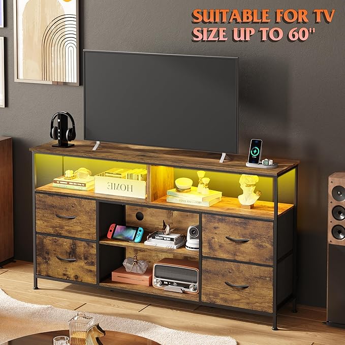 WLIVE TV Stand Dresser for 505560 inch TV Entertainment Center with LED Lights &amp Fabric Drawers Dresser TV Stand for Bedroom and Living Room with Open Shelves Rustic Brown