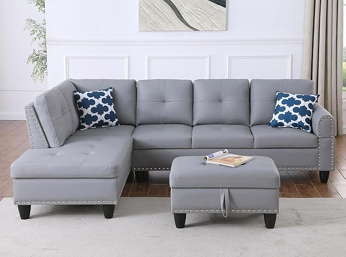 98 Faux Leather Sectional Sofa with Left Facing Chaise L-Shaped 5 Seater Conrner Couch with Removable Storage Ottoman and Hidden Cup Holders for Living RoomGray