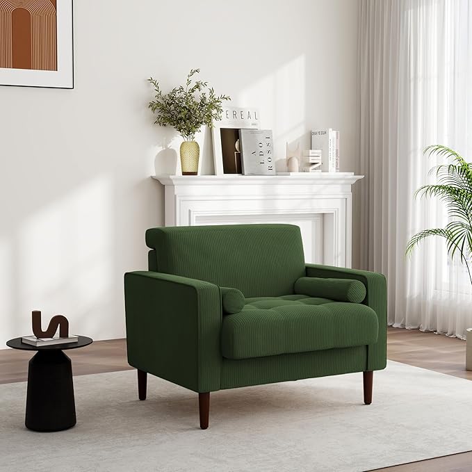 UIXE Accent Chair Corduroy Fabric Upholstered Armchair for Living Room Comfy Arm Chair Single Sofa Bedroom Reading Seat with Solid Wood Legs - Green