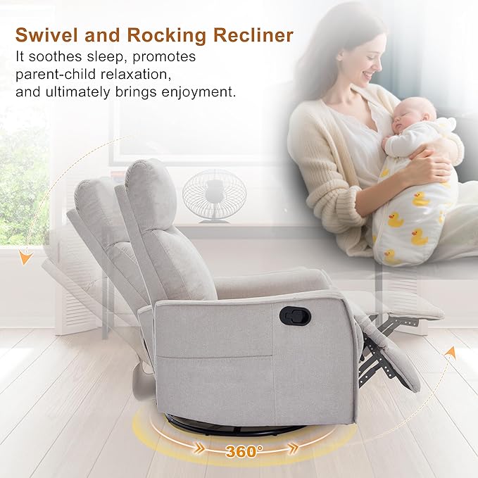 Manual 360° Swivel Rocker Recliner Chair for Adults Overstuffed Glider Chair for Nursery with Vibration Massage and Heat Comfy Soft Fabric Glider with Side Pockets for Living Room Beige