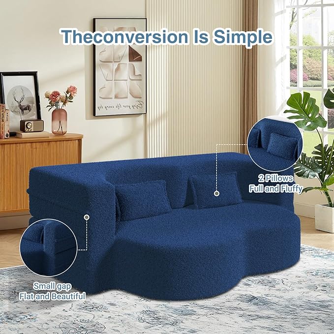 2 in 1 Convertible Folding Sofa BedTeddy Fleece Lazy Lounge SofabedFoam Folding Floor Sofa Bed78 Full Size Memory Foam Couch for Living Room Guestroom No Assembly Required Sofabed(Blue)