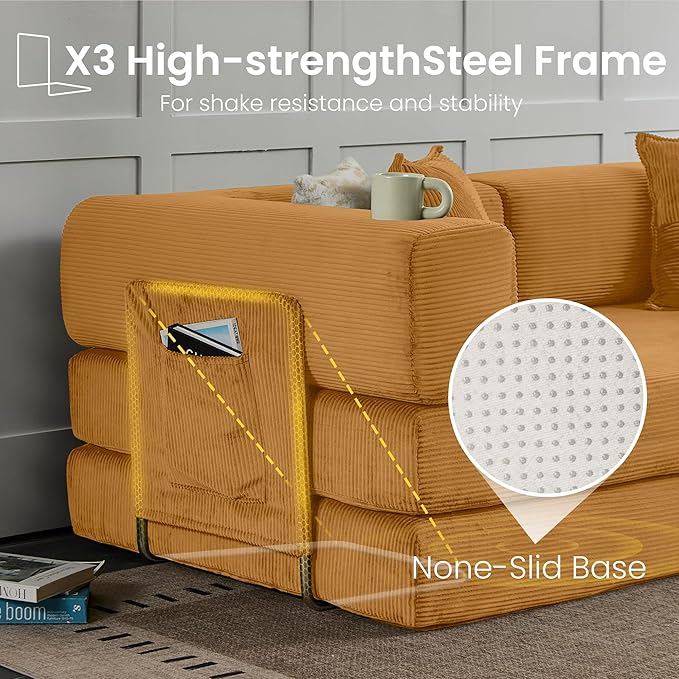 Belhome 78.8 Convertible Sofa Bed Futon Sofa Bed with Side Pocket Corduroy Pull Out Futon Sofa Boneless Couch for Living RoomsNo Assembly Required Yellow
