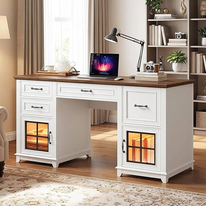 58 Farmhouse Executive Desk with Drawers Wooden Executive Desk with File Drawer LED Light Storage Cabinet Computer Desk with Charging Station Home Office Desk for Work White Walnut
