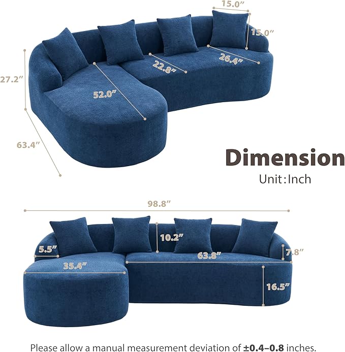 DEINPPA L Shape Modular Couch 3-Seater Chenille Comfy Couch with Throw Pillows Modern Cloud Sofa for Living Room Apartment-Navy Blue