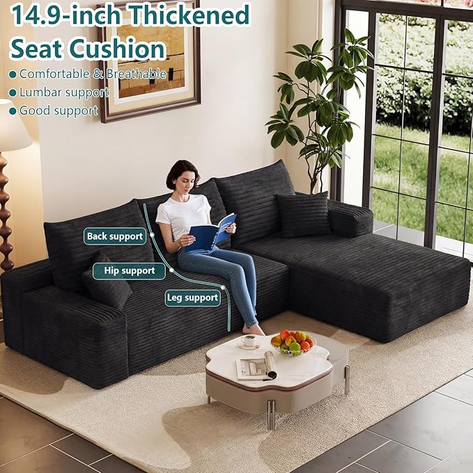 95 Modular Sectional Couch Boneless L Shaped Cloud Sofa with Chaise Lounge Corduroy Upholstered Couches Memory Foam Deep Seat No Assembly Required Ideal for Living Room(Black Right Facing)