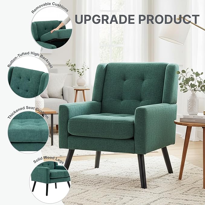 Mid-Century Modern Accent Chair Set of 2 Plush Linen Fabric with Button Tufted High Back &amp 5 Thick Cushion High Comfort Reading Chair for Living Room Bedroom Office (Green)