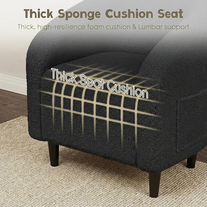 Modern Accent Barrel Chair Comfy Teddy Fabric Club Armchair with Side Pocket Easy Assembly Living Room Corner Chair for Bedroom Office Reception Space