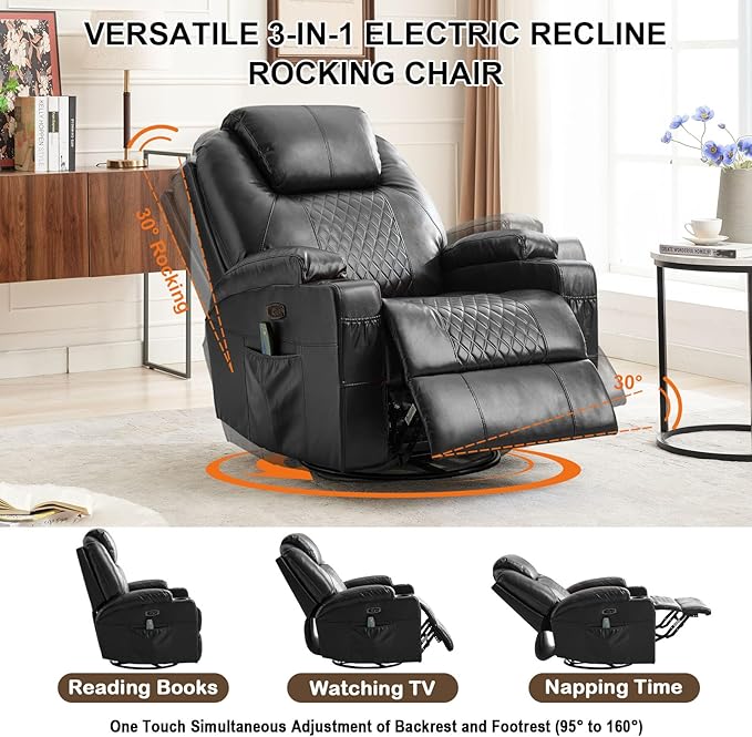 Power Swivel Rocker Recliner Chair for Adults with Heat and Massage LED Lights USB-A and USB-C Ports Electric Glider Recliner Nursery Chair for Living Room (Black Set of 2)