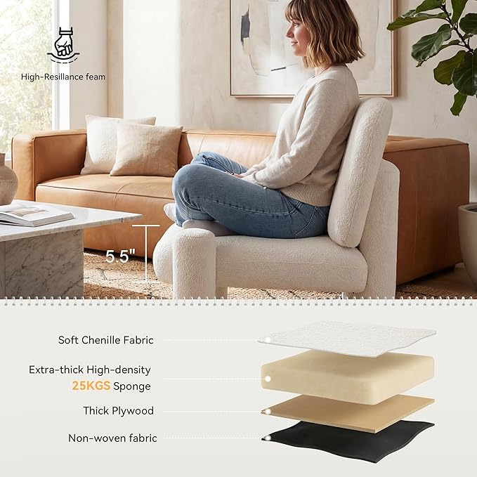 HNY Modern Accent Living Room Chair Beige Boucle Reading Chair Armless Lounge Chair Comfy Barrel Chair Sherpa Cloud Chair with Wood Frame for Living Room Small Spaces Bedroom Apartment