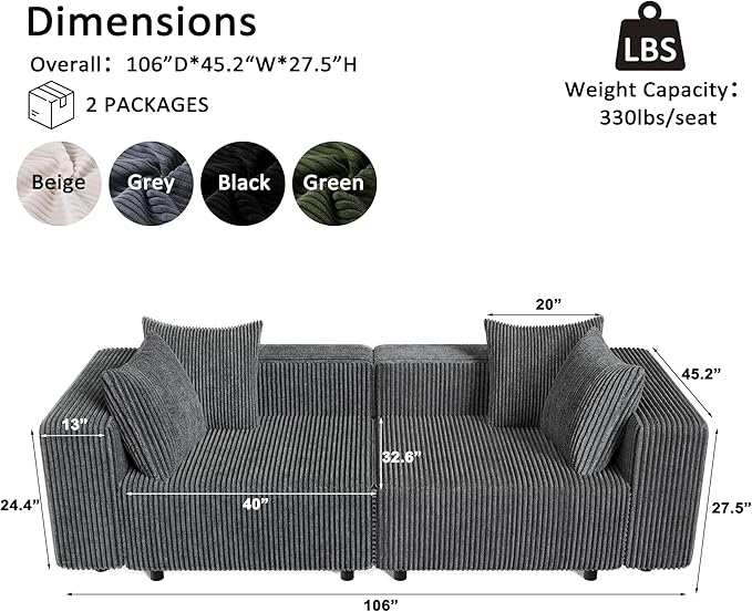 Modern Oversized Modular Sectional Sofa Boneless Cloud Loveseat with Legs Corduroy Big Comfy Deep Seat Sofa for Living Room &amp Apartment（Dark Grey106″Loveseat）