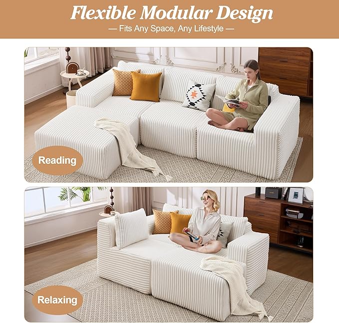 101 Cloud Couch Boneless Modular Sofa Compression Memory Foam Sectional Couches Comfy Corduroy L Shaped Sofas with Chaise Lounge for Living Room No Assembly Required (Beige 101in)