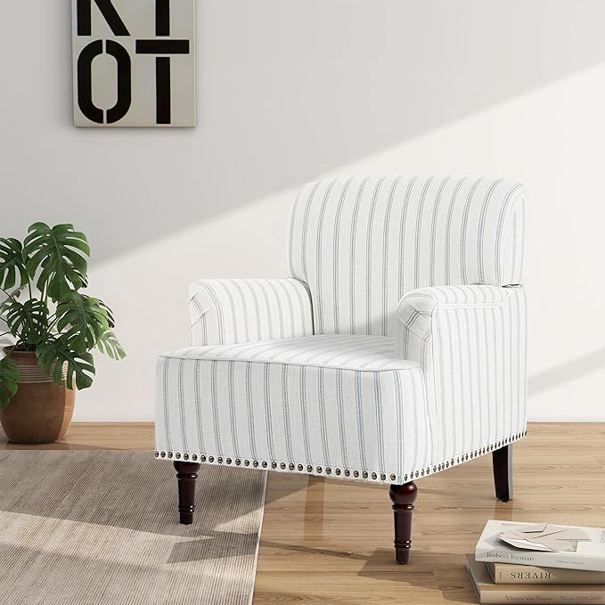 Accent Chair Mid Century Modern Comfy Armchair for Living Room Linen Fabric Single Sofa Lounge for Reading Bedroom Apartment Waiting Room with Wood Legs (Pinstripe Light Blue Set of 1)