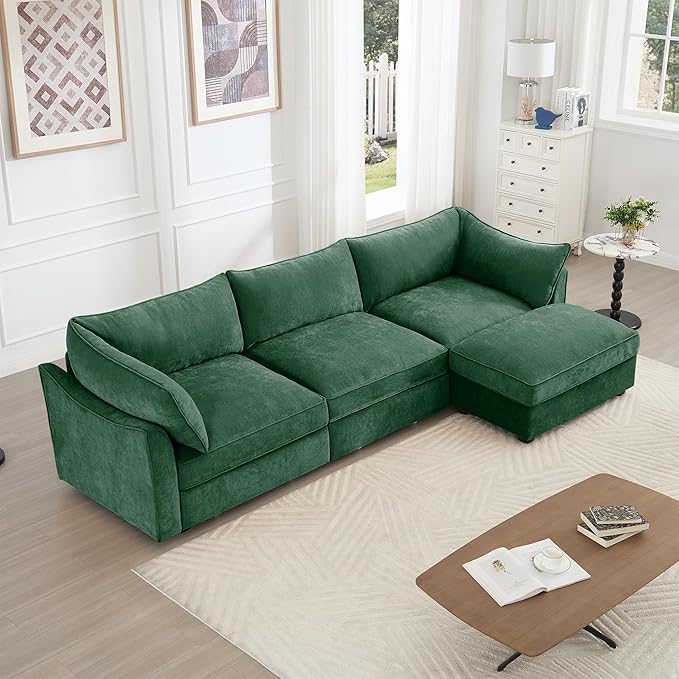 Modular Sectional Sofa with Pull Out Storage Drawers 112.6 L-Shaped Comfy Chenille 3-Seat Sofa with Storage Ottoman Upholstered Deep Seat Couch with 2 Armrest Pillows for Living Room Green