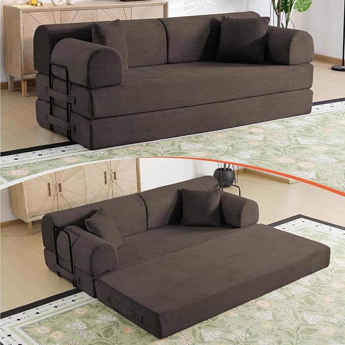 78.8 Boneless Memory Foam Couch Corduroy Convertible Floor Sofa Bed Fold-Out Sleeper Futon Loveseat Wide Armrests &amp Supportive Back 1200 lb Couch in a Box 2 Pillows Brown