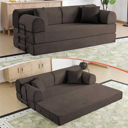 78.8 Boneless Memory Foam Couch Corduroy Convertible Floor Sofa Bed Fold-Out Sleeper Futon Loveseat Wide Armrests &amp Supportive Back 1200 lb Couch in a Box 2 Pillows Brown