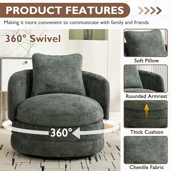 Beige Swivel Accent Chairs for Living Room Round Swivel Barrel Chair with Comfy Pillow &amp Curved Backrest Small Upholstered Armchair for Small Spaces Bedroom Office (Green)