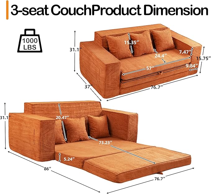 HOMREST Convertible Memory Foam 3-seat Sofa &amp Loveseat Pull Out Sleeper Sofa Bed 2 in 1 Folding Couch Bed Fold Out Floor Couch Corduroy Fabric with Pillows for Living Room Bedroom Lounge(Brown)