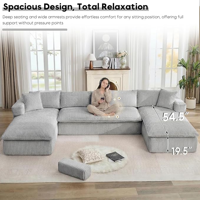 Oversized Cloud Boneless Couch 149 Modular Sectional Sofa with Deep Seat Chaise Fluffy U Shaped Couches for Living Room Comfy Plush Corduroy Sofa with Pillows No Assembly Light Grey