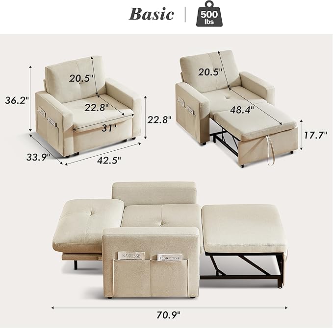 WEUP 42.5 Sleeper Chair Bed 3-in-1 Oversized Convertible Sleeper Sofa Chair with Pull Out Bed Reclining Adjustable Backrest/Side Pockets Tool-Free Assembly Basic Beige