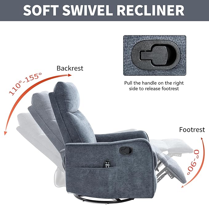 360°Rotating Heated Massage Chair with 8 Vibrating nodesComfortable Rocking Chaise Lounge with Black Metal Base Single Sofa for Living RoomBedroomOfficeBlue Chenille