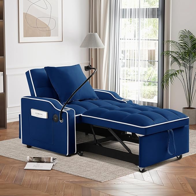 Convertible Sleeper Sofa Chair Bed 3 in 1 Tufted Velvet Pull Out Sleeper Chair with Adjustable Backrest &amp Phone Holder Modern Single Sofa Chair for Living Room Small Spaces Apartment Blue