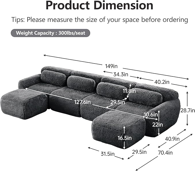 149 Sectional Couches for Living Room Comfy Boneless Couch 4 Seater Cloud Sofa Compressed U Shaped Couch with 2 Ottomans Modern Modular Sectional Plush Floor Sofa No Assembly (Grey)
