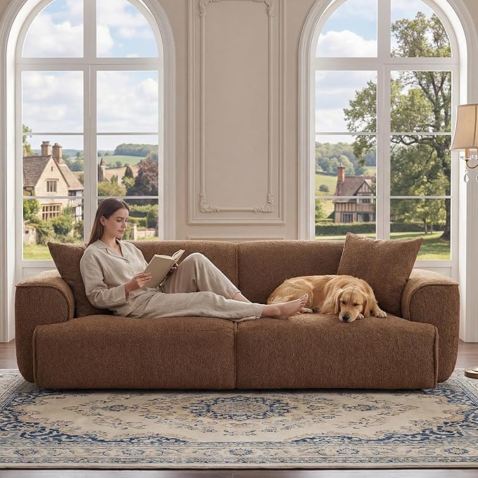 Modern 91'' Wide Cloud Couch Sofa Love Seat Couches W/Solid Frame Friendly Couch W/Boucle Couch Cozy Fabric with 2 Pillow &amp Rectangular Arm for Apartment Rust