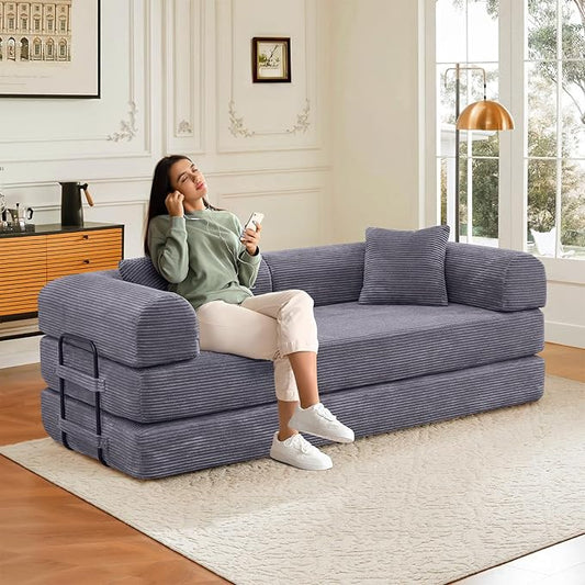 78 Convertible Sleeper Sofa Bed with Cylindrical Pillow Corduroy Folding Mattress Couch with Fixed Frame Floor Sofa Lounge Couch for Living Room Bedroom Apartment Dark Grey