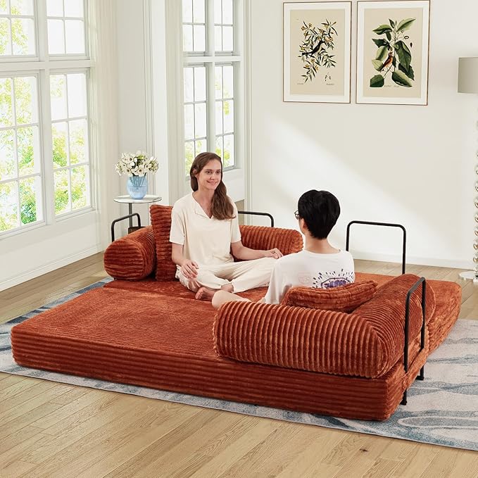 78.5W Convertible Folding Sofa Bed Corduroy Upholstered Queen Size Foam Floor Couch with Fixed-Shaped Frame Loveseat Sleeper Compression Sofa Foldable Mattress for Living Room Bedroom(Orange)