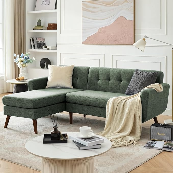 Tbfit L Shaped Couch Sofa 80 W Mid-Century Modern Sectional Couches 3 Seater Sofas with Wide Chaise Lounge Button Tufted Upholstered Sectional Sofa for Living Room Bedroom Green | linen fabric