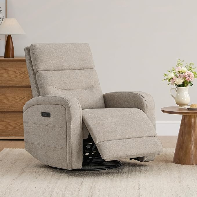 Watson &amp Whitely Swivel Power Recliner with Adjustable Headrest Recliner Chairs for Adults Small Glider Rocker for Living Room Fabric in Khaki