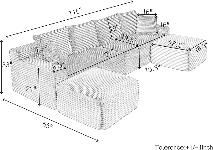 U-Shaped Cloud Sectional Couch Symmetrical Modular Compressed Boneless Sectional Sofa with Chaise Lounges Plush Corduroy Boneless Corner Sofa for Living Room