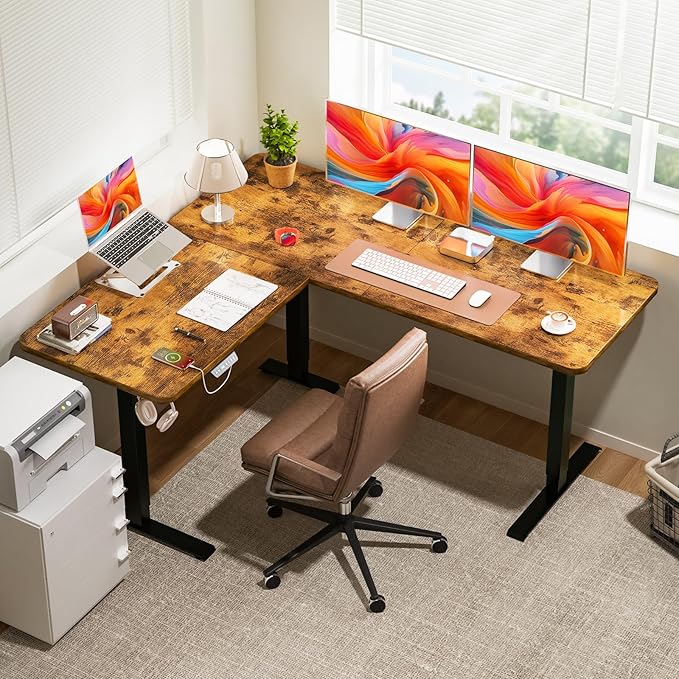 Kingant L-Shaped Standing Desk 63 x 55 Inch Large Adjustable Corner Desk with Charging Station Electric Sit Stand Up Computer Desk for Home Office(Rustic Brown)