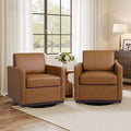 Faux Leather Swivel Accent Chairs Set of 2 360° Swivel Upholstered Club Armchairs for Living Room 31 Wide Square Single Sofa Reading Chair with Deep Seat Metal Swivel Base Brown