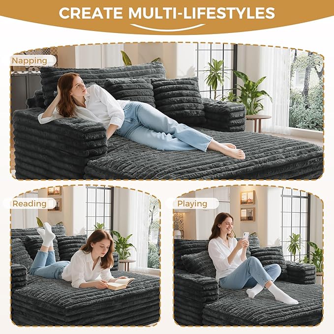 60 Chaise Lounge Indoor Upgraded Oversized Plush Faux Fur Sleeper Sofa Bed w/Pillows &amp Wide Armrests Fluffy Upholstered Reading Chairs Cloud Sofa Couches for Living Room Set of 2Dark Grey