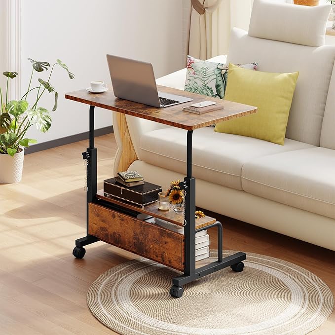 DUMOS 31.5 Manual Standing Desk Height Adjustable Mobile Computer Desk with Lockable Wheels &amp 2-Tier Storage Rolling Laptop Table for Small Spaces &amp Home Office Rustic Brown