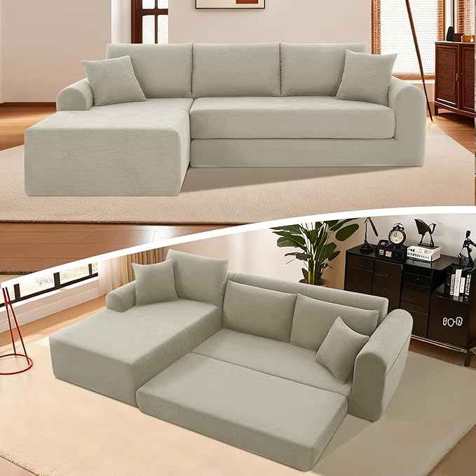KBQ Modular Sectional Couch in a Box 103 L Shaped Boneless Cloud Couch with Deep Seat Convertible Sofa Bed for Living Room Bedroom Apartments No Assembly Required Beige Left Facing Chaise