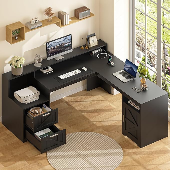 63 Farmhouse L Shaped Desk with Drawers &amp Storage Shelf Corner Computer Desk with Power Outlets for Home Office Executive Desk with Monitor Stand Printer Shelf Black