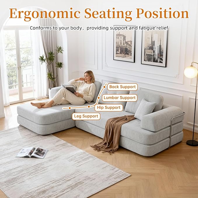 104 Modular Sectional Sofa Boneless Couch for Living RoomL-Shape Modular Sofa Bed with Fixed-Shape FrameFolding Floor Convertible Sofa Couch Bed with Reversible Chaise