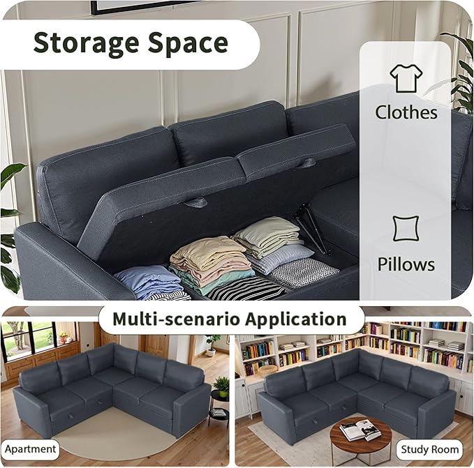 Sectional Sleeper Sofa with Pull Out Bed L Shaped Pull Out Couch with Storage Chaise 5 Seats Convertible Couch Bed for Apartment Living Room Dark Gray